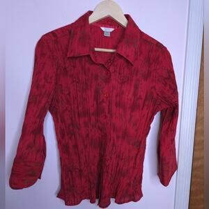 Christopher & Banks Womens Size L Red Crinkle Button Front Blouse 3/4 Sleeves